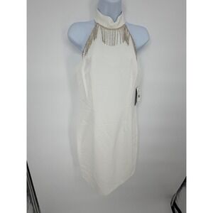 NWT Aidan Mattox Ivory Halter Crepe Mini Dress Rhinestone Fringe